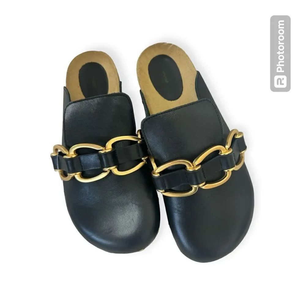 NEW Maje Fran Black Gold Polished Chain Link Studded Leather Mules 36 US 5.5